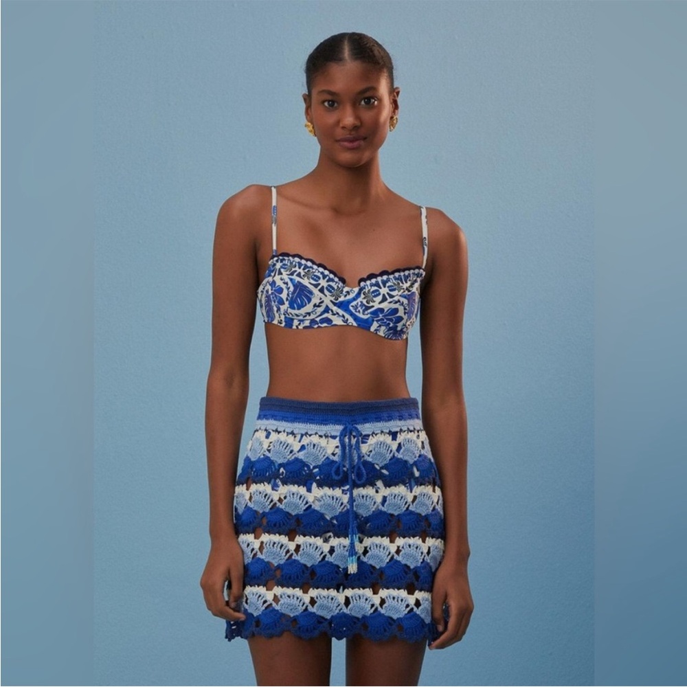 Farm Rio Blue And White Crochet Skirt Size L Large NWT! Beaded detail